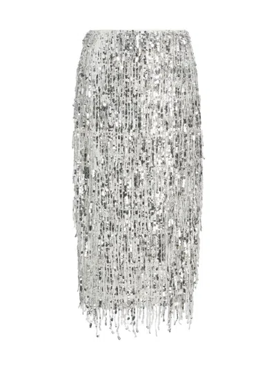 Milly Women's Roxanne Sequined Fringed Midi-skirt In Silver