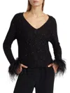 Milly Women's Sequin-feather V-neck Sweater In Black