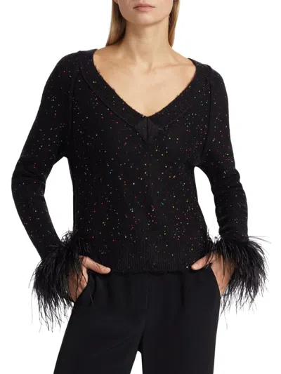 Milly Women's Sequin-feather V-neck Sweater In Black