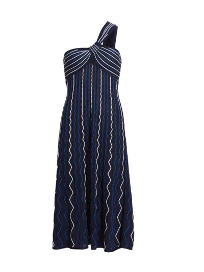 Milly Women's Zig-zag One-shoulder Knit Midi-dress In Blue