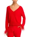 Milly Feather Cuff V-neck Long Sleeve Sweater In Red