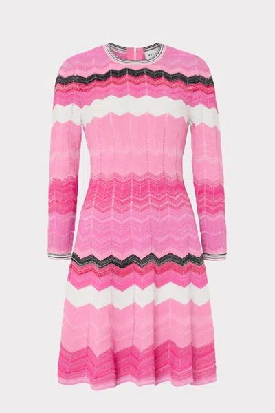 Milly Zig Zag Long Sleeve Flare Mini Dress In Pink