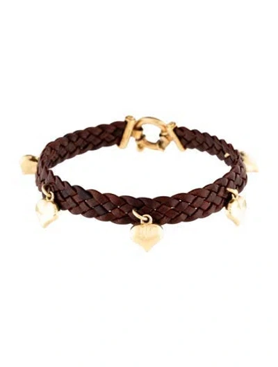 Pre-owned Milor 14k Leather Heart Charm Bracelet, 6.75" In Brown