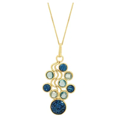Pre-owned Milor 14k Yellow Gold Faceted Round Blue Topaz And Blue Druzy Quartz Pendant Nec