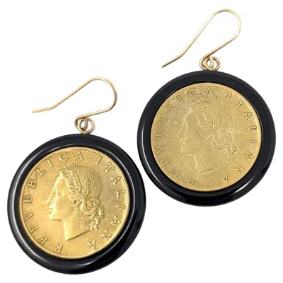 Pre-owned Milor Vintage 14k  Italy Lira Coin & Onyx Earrings Drop Dangle Yellow Gold Signed