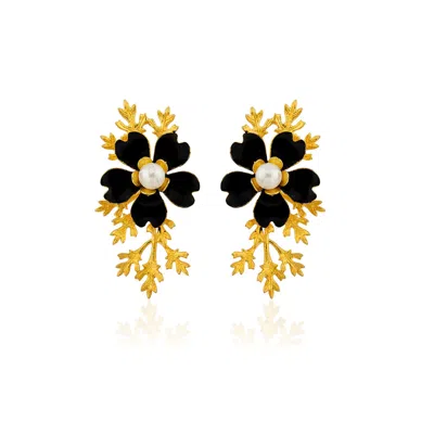 Milou Jewelry Women's Black Flower Earrings With Gold Branches