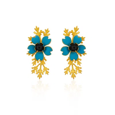 Milou Jewelry Women's Blue Flower Earrings With Gold Branches