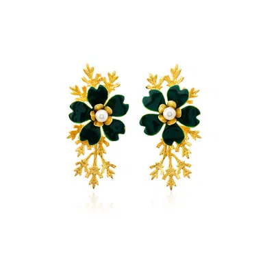 Milou Jewelry Women's Dark Green Flower Earrings With Gold Branches