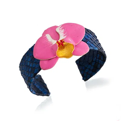 Milou Jewelry Women's Fuchsia Pink Orchid Flower Blue Leather Cuff Bracelet