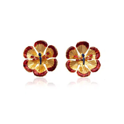 Milou Jewelry Women's Gold & Red Flower Earrings With Dragonfly