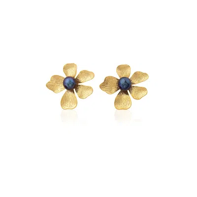 Milou Jewelry Women's Gold Flower Earrings With Black Pearl