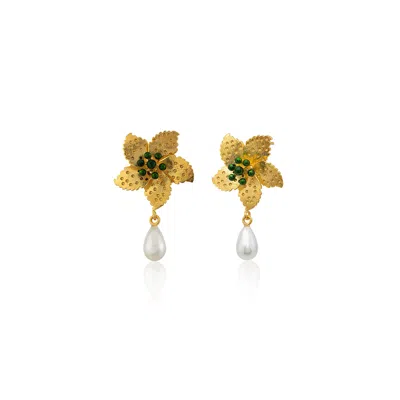 Milou Jewelry Women's Gold Flower Pearl Drop Earrings - Green