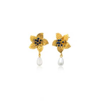 Milou Jewelry Women's Gold Flower Pearl Drop Earrings - Navy Blue