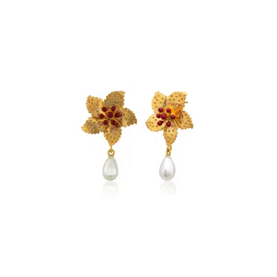 Milou Jewelry Women's Gold Flower Pearl Drop Earrings - Red