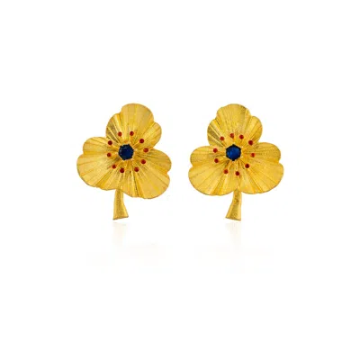 Milou Jewelry Women's Gold Three-leafed Clover Earrings With Blue Zircon
