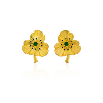 Milou Jewelry Women's Gold Three-leafed Clover Earrings With Green Zircon