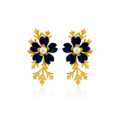 Milou Jewelry Women's Navy Blue Flower Earrings With Gold Branches