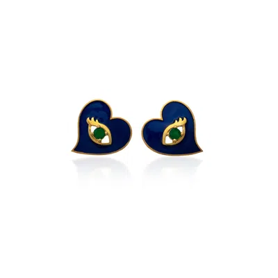 Milou Jewelry Women's Navy Blue Heart Earrings With Evil Eye