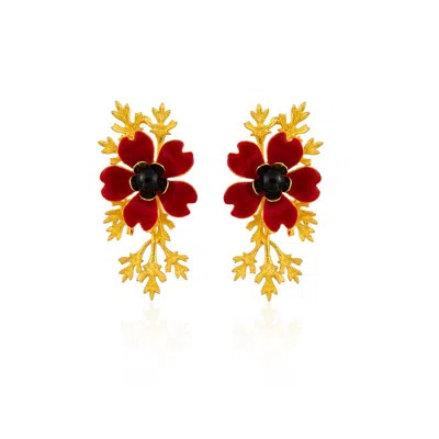 Milou Jewelry Women's Red Flower Earrings With Gold Branches