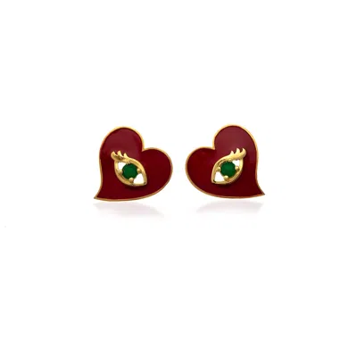 Milou Jewelry Women's Red Heart Earrings With Evil Eye In Burgundy