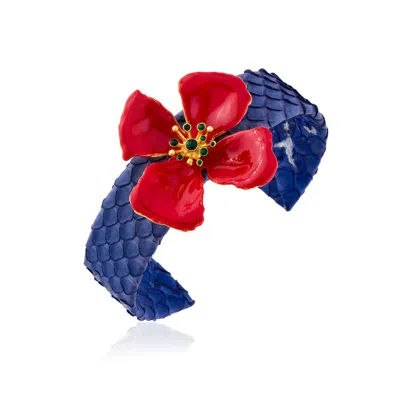 Milou Jewelry Women's Red Hibiscus Flower Adjustable Blue Leather Cuff Bracelet