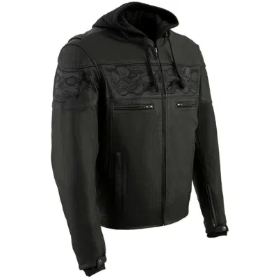 Pre-owned Milwaukee  Leather Milwaukee Leather Mlm1563 Mens Motorcycle Jacket With Reflective Skulls & Hoodie In Black