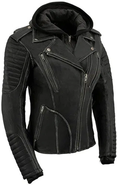 Pre-owned Milwaukee  Leather Milwaukee Leather Women's Black 'hooded' Leather Rub-off Motorcycle Jacket -samk