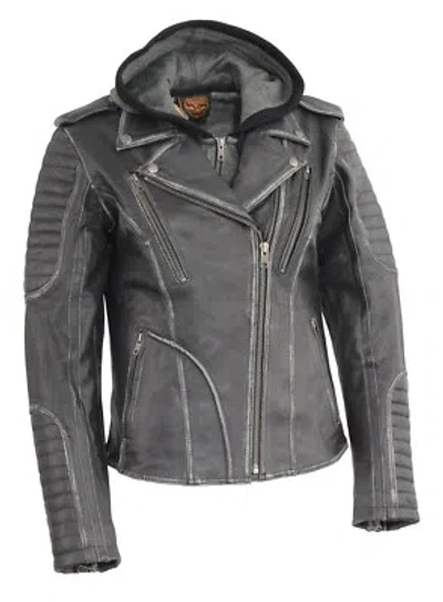 Pre-owned Milwaukee  Leather Women's Distressed Rub-off M/c Jacket W/ Full Hoodie Jacket Liner - Mll2516 In Distressed Grayish Black