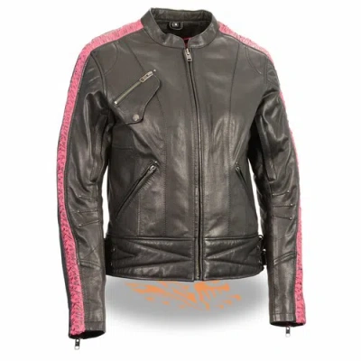 Pre-owned Milwaukee  Leather Milwaukee Leather Womens Lightweight Black & Pink Leather Racer Jacket - Salb