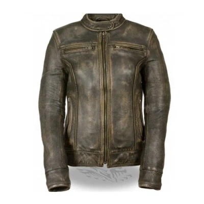 Pre-owned Milwaukee Womens Distressed Brown Leather Motorcycle Jacket Concealed Gun Pockets - Usa48