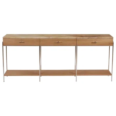 Pre-owned Milwood Design Oak And Marble Console With Rush Shelf - Polished Nickel Plated In Brown