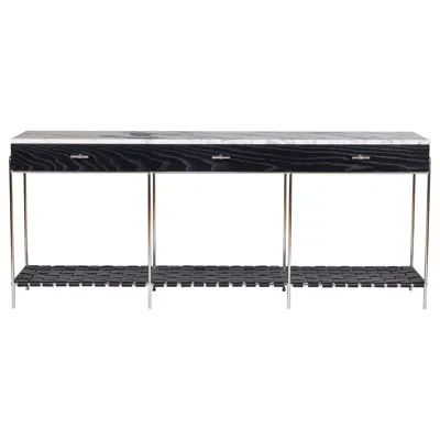Pre-owned Milwood Design Stained Oak And Marble Console With Woven Leather Shelf - Polished Nickel Plated In Black