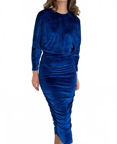Mima Rosso Embroidery Print Velvet Ruched Dress In Royal Blue