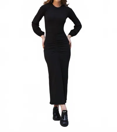 Mima Rosso Puffed Sleeve Ruched Front Midi Dress In Black