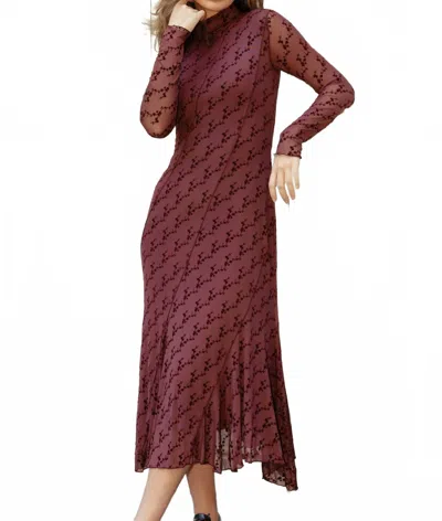 Mima Rosso Velvet Print Mesh Dress In Burgundy In White