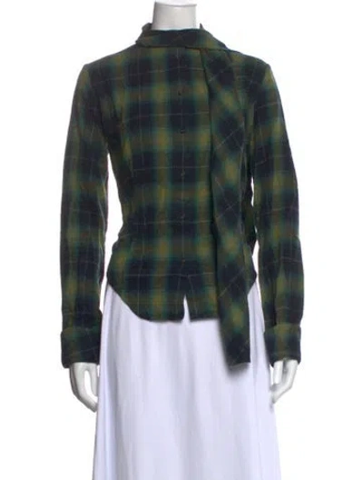 Pre-owned Mimchik Plaid Print Long Sleeve Top In Green