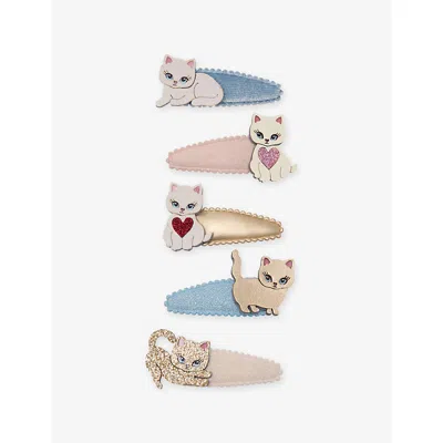 Mimi & Lula Kids' Cute Kitten Set Of Five Woven Hair Clips Pastels In Multi
