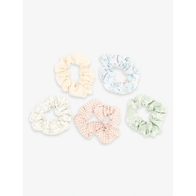 Mimi & Lula Kids' Floral And Check-print Set Of Five Fabric Scrunchies In Tulip