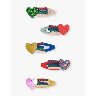 Mimi & Lula Kids' Ti Heart Mini Clic Clacs Pack Of Five Fabric Hair Clips In Multi