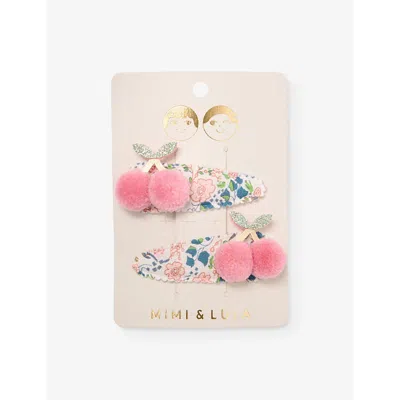Mimi & Lula Kids' Pink Multi Floral Pompom Cherries Pack Of Two Hair Clips