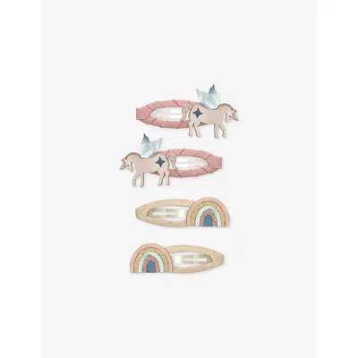 Mimi & Lula Kids' Pink Multi Winged Unicorn & Rainbow Hair Clips In Gold