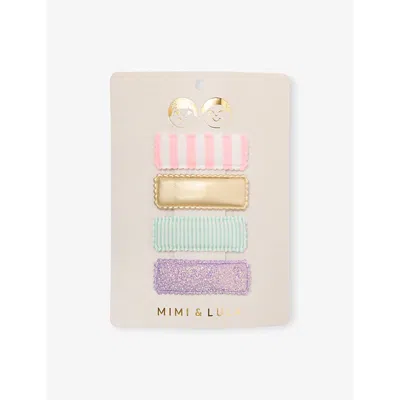Mimi & Lula Kids' Stripy Rectangular Set Of Four Fabric Hair Clips In Bright Multi