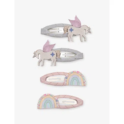 Mimi & Lula Kids' Unicorn Rainbow Set Of Four Woven Hair Clips Pink Mult In Multi
