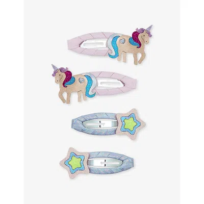Mimi & Lula Kids' Unicorn Set Of Four Woven Hair Clips Pink