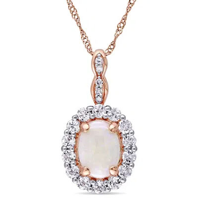 MIMI & MAX 1 1/2 CT TGW OVAL SHAPE OPAL, WHITE TOPAZ AND DIAMOND ACCENT VINTAGE PENDANT WITH CHAIN IN 14K ROSE 