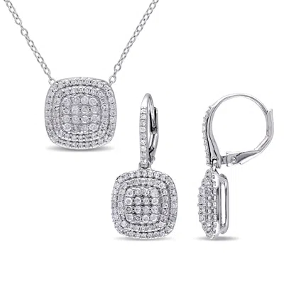 Mimi & Max 1 1/2ct Tdw Diamond Double Halo Earrings And Necklace Set Sterling Silver In White
