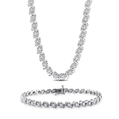 Mimi & Max 1 1/2ct Tdw Diamond Tennis Bracelet And Necklace Set In Sterling Silver In Metallic
