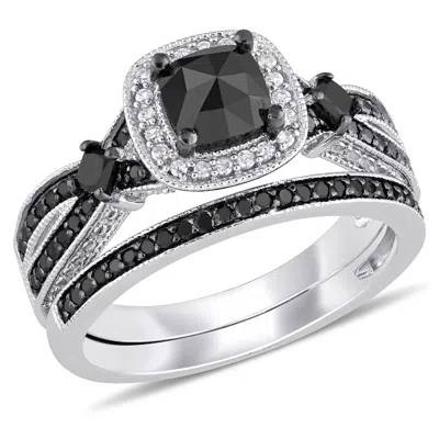 Mimi & Max 1 1/2ct Tw Black And White Multi-shape Diamond Split Shank Bridal Set In Sterling Silver