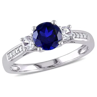 Mimi & Max 1 1/3ct Tgw Created Blue And White Sapphire Diamond Accent 3-stone Engagement Ring In 10k White Gold