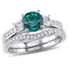 Mimi & Max 1 1/3ct Tgw Created Emerald And Created White Sapphire 1/7ct Tw Diamond Bridal Set In 10k White Gold In Blue
